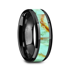 PIETRO Mens Polished Black Ceramic Wedding Band with Light Blue Turquoise Stone Inlay & Polished Beveled Edges - 8mm.