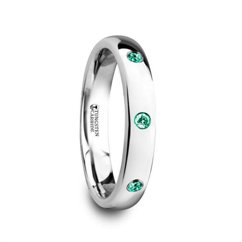 CHLOE Polished and Domed Tungsten Carbide Wedding Ring with 3 Green Emeralds Setting - 4mm, men and women wedding and promise rings.