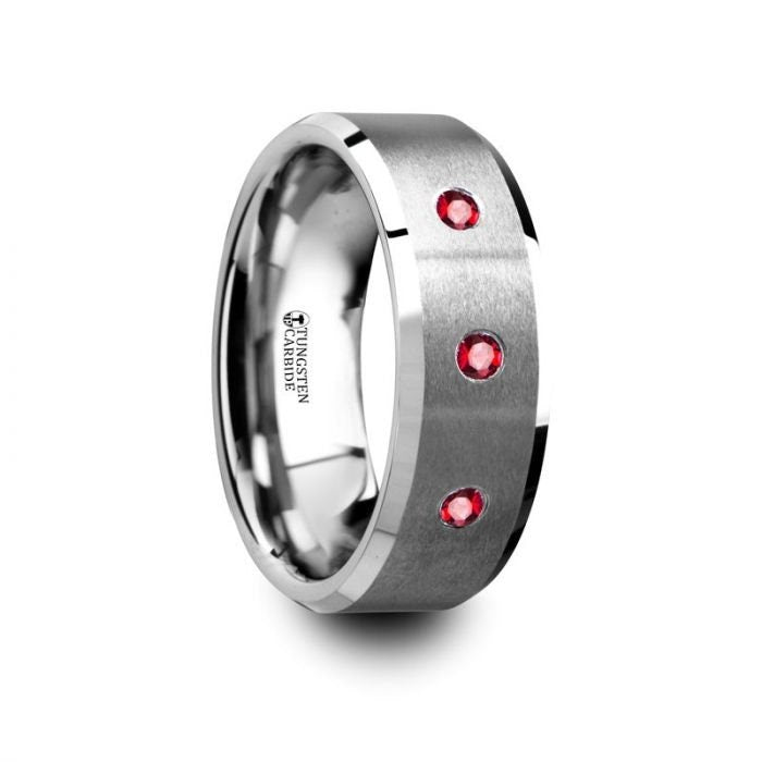 NEREUS Brushed Tungsten Flat Wedding Band with Polished Beveled Edges & Rubies - 8mm, men and women wedding and promise rings.