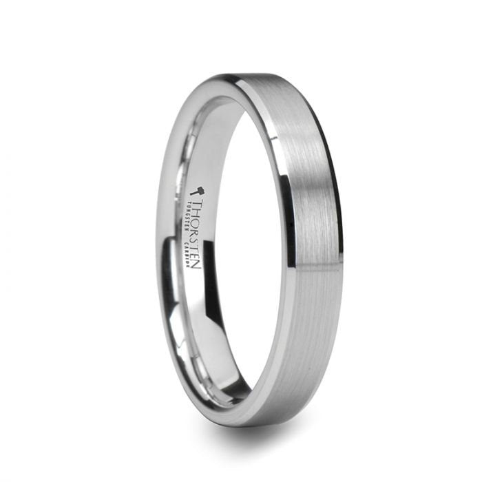 SAIRA Beveled White Tungsten Carbide Ring with Brushed Center - 4mm & 6mm, men and women wedding and promise rings.