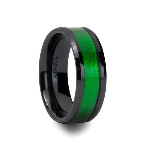 IRVING Beveled Black Ceramic Ring with Textured Green Inlay - 8mm, men and women wedding and promise rings.