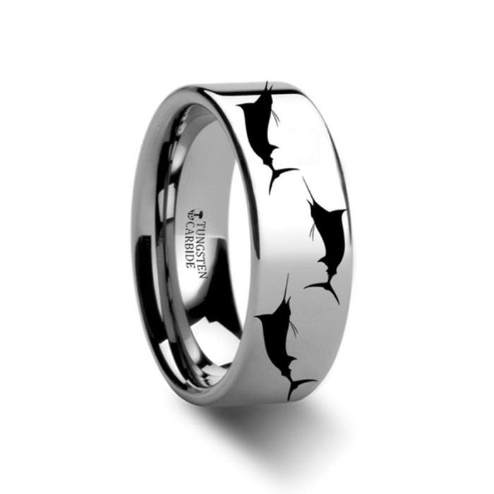 Marlin Fish Sea Print Pattern Ring Engraved Flat Tungsten Ring - 4mm - 12mm, Men Wedding and Promise Rings