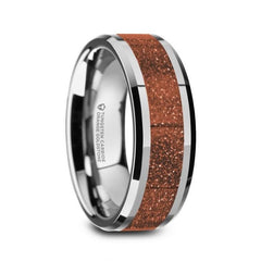 BODHI Mens Polished Finish Beveled Edges Tungsten Wedding Band with Orange Goldstone Inlay - 8mm, Men Wedding and Promise Rings