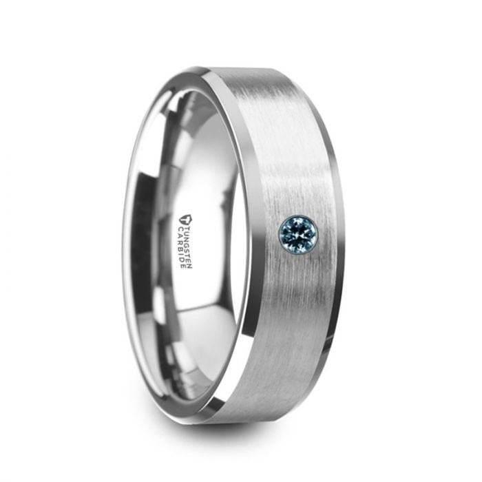 MOORE Flat Brushed Center Polished Beveled Edges Mens Tungsten Wedding Band with Blue Diamond Setting - 6mm & 8mm