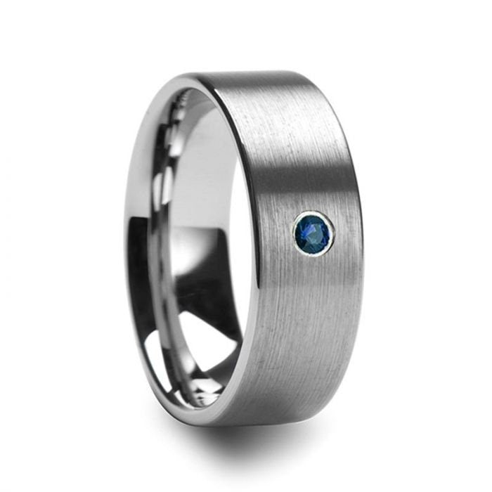 MAVI Mens Brushed Finish Flat Tungsten Wedding Band with Blue Diamond - 6mm & 8mm. Men and Women Wedding and Promise Rings.