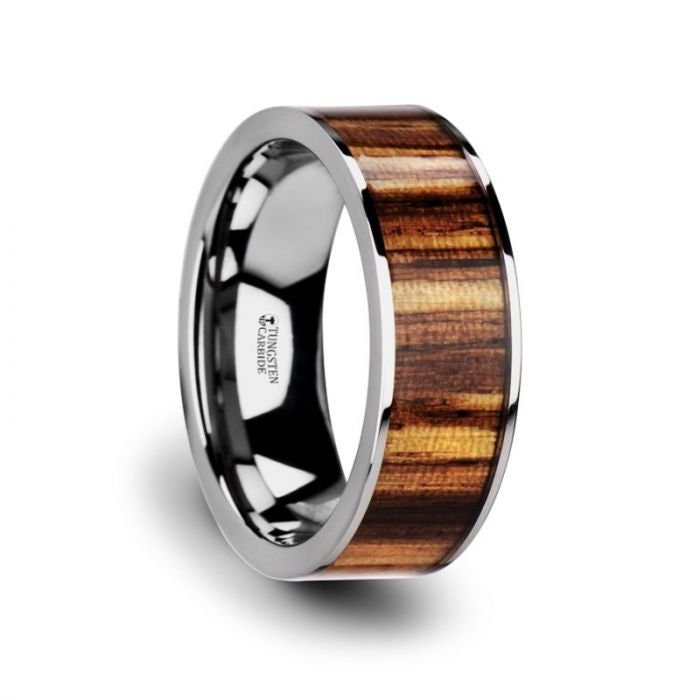 COPAN Flat Tungsten Carbide Ring with Polished Edges & Real Zebra Wood Inlay - 8mm. Men and Women Wedding and Promise Rings.