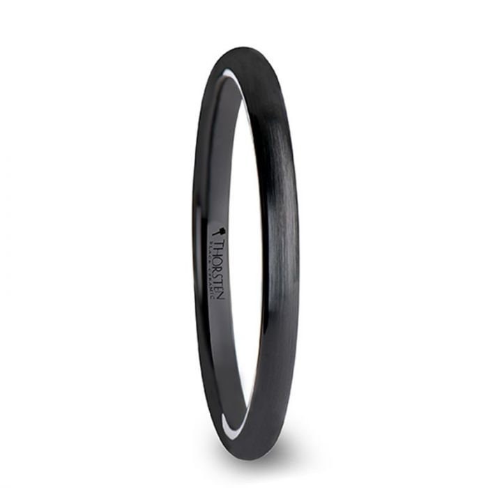 Matching Rings Set Domed Brush Finished Black Ceramic Wedding Band - 4mm & 8mm. Men and Women Wedding and Promise Rings.