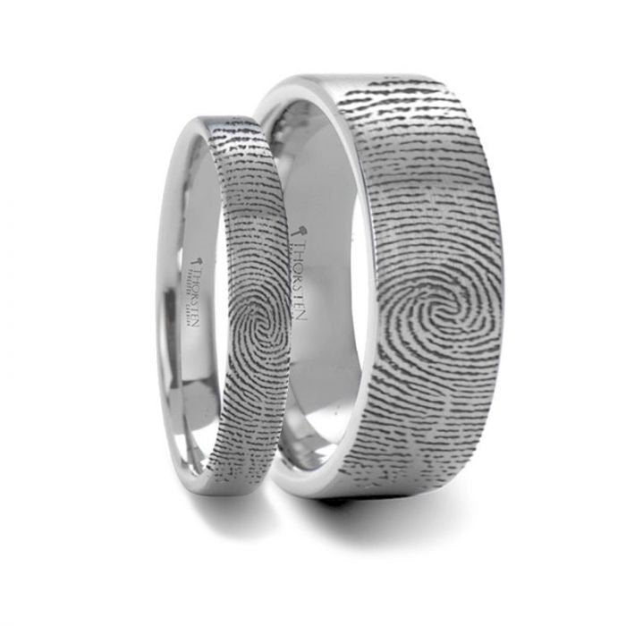 FINGERPRINT ENGRAVED Matching Rings Set Fingerprint Engraved Flat Pipe Cut Tungsten Ring Brushed Ring 4mm  8mm. Men & Women Wedding Rings