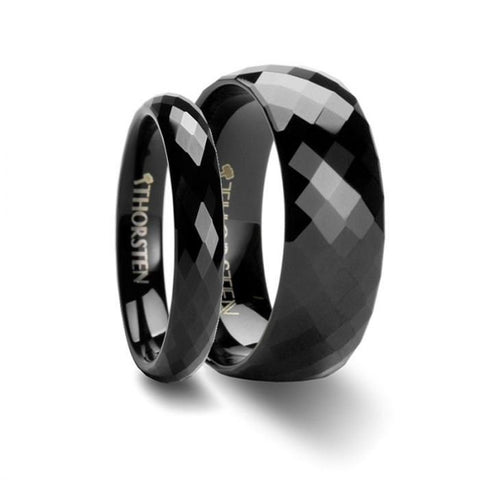 Matching Ring Set 288 Diamond Faceted Black Tungsten Carbide Band - 4 & 8 mm, Men and Women Wedding and Promise Rings.