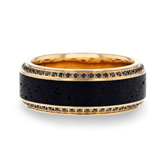 HYPERION Lava Inlaid 10K Yellow Gold Wedding Ring Polished Beveled Edges Set with Round Black Diamonds - 10mm.