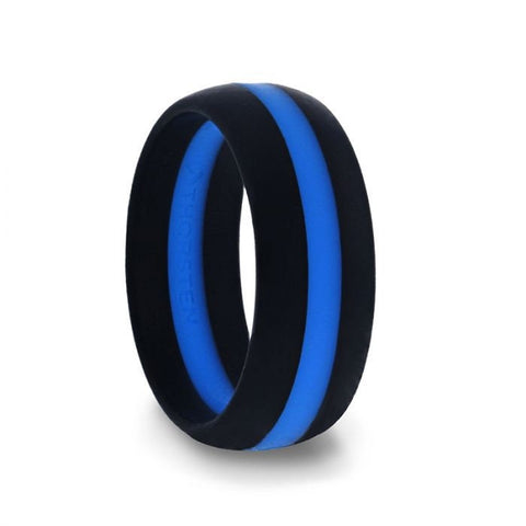 Matte Black Men's Silicone Ring ring With Vibrant Blue Colored Inlay - 8mm, Wedding & Promise Rings.