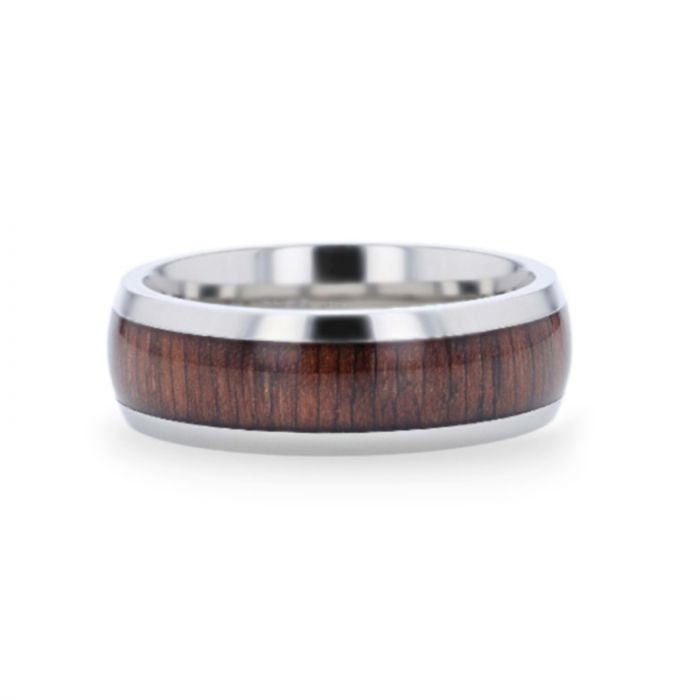 Cary Black Walnut Wood Inlaid Titanium Domed Polished Finish Men'S Wedding Ring With Beveled Edges - 8Mm Rings