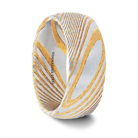 CERSEI Gold Color Domed Brushed Damascus Steel Men's Wedding Band with Vivid Etched Design - 6mm and 8mm, Wedding & Promise Rings.