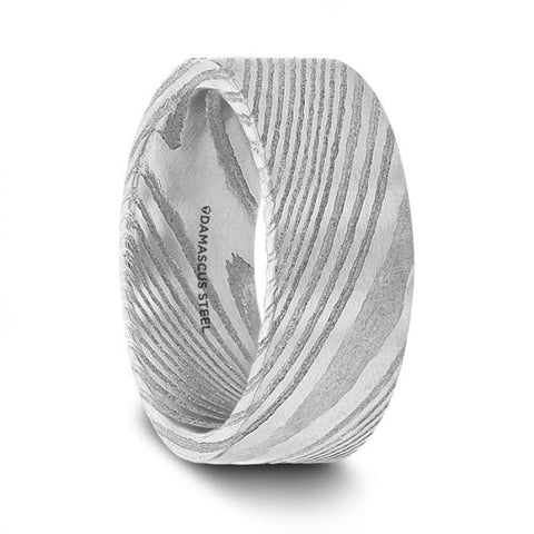 XANDER Grey Flat Brushed Damascus Steel Men's Wedding Band with Vivid Etched Design- 6mm and 8mm, Wedding & Promise Rings.