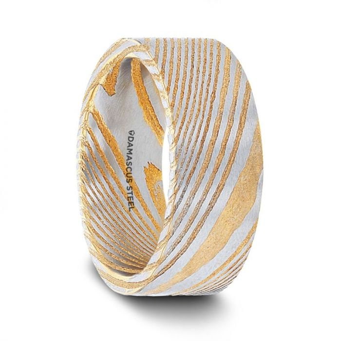 BISHOP Gold Color Flat Brushed Damascus Steel Men's Wedding Band with Vivid Etched Design- 6mm and 8mm, Wedding & Promise Rings.