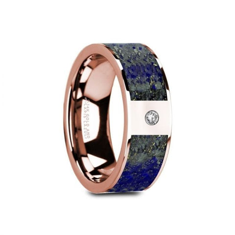 GALLUS Flat 14K Rose Gold with Blue Lapis Lazuli Inlay and White Diamond Setting - 8mm, Wedding & Promise Rings.