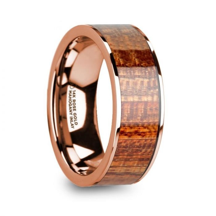 OLYMPIAS 14k Rose Gold and Mahogany Wood Inlaid Men's Wedding Band with Polished Finish - 8mm, Wedding & Promise Rings.