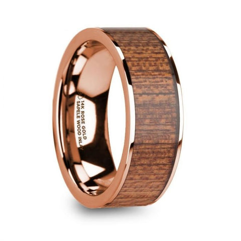 NIKETAS Men's 14k Rose Gold Wedding Band with Sapele Wood Inlay and Polished Finish - 8mm, Wedding & Promise Rings.