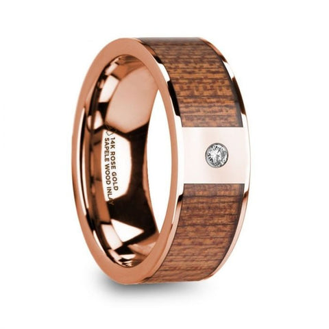 NIKEPHOROS Sapele Wood Inlaid Polished 14k Rose Gold Men's Wedding Ring with Diamond Center - 8mm, Wedding & Promise Rings.