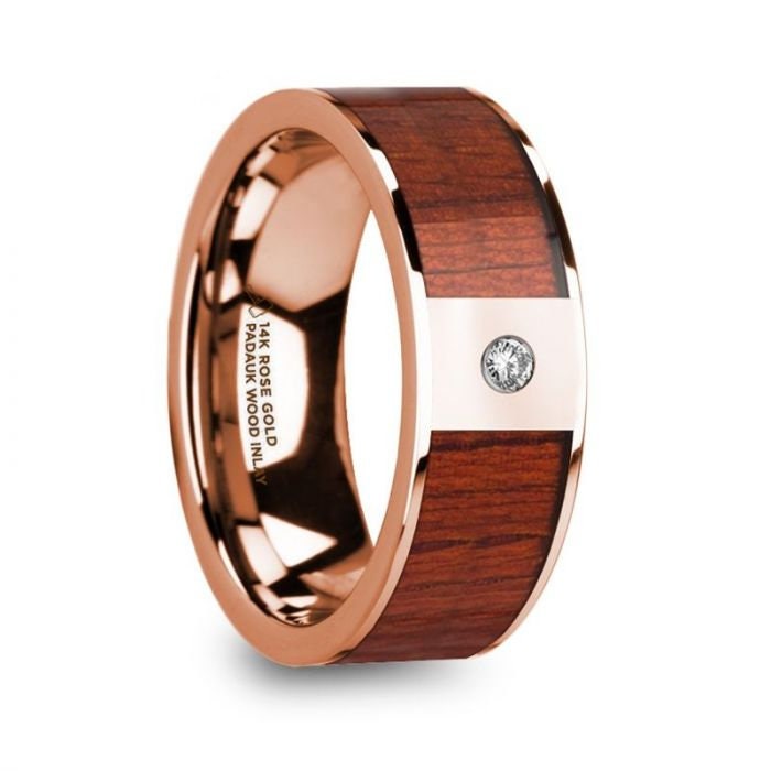 NIKANDROS Men's 14k Rose Gold Polished Wedding Ring with Padauk Wood Inlay and Diamond - 8mm, Wedding & Promise Rings.