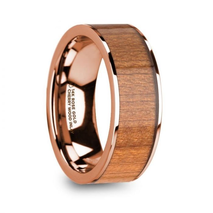 ZACHEUS Polished 14k Rose Gold and Cherry Wood Inlay Men's Flat Wedding Ring - 8mm, Wedding & Promise Rings.