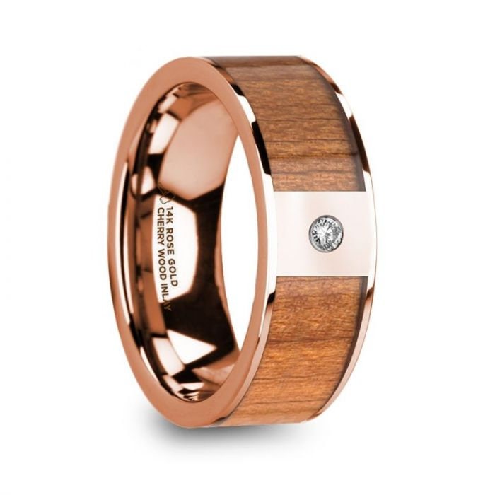 ZENON Men's Polished 14k Rose Gold Wedding Band with Cherry Wood Inlay and Diamond Center - 8mm, Wedding & Promise Rings.