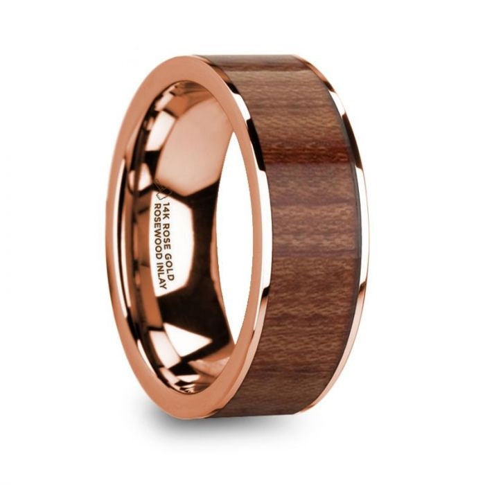 TITOS 14k Rose Gold Men's Wedding Band with Rosewood Inlay and Polished Finish - 8mm, Wedding & Promise Rings.