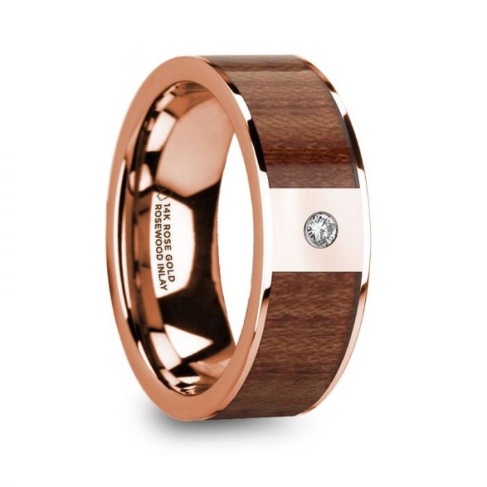 THANASIS Polished 14k Rose Gold Men's Wedding Ring with Rosewood Inlay and Diamond Center - 8mm, Wedding & Promise Rings.