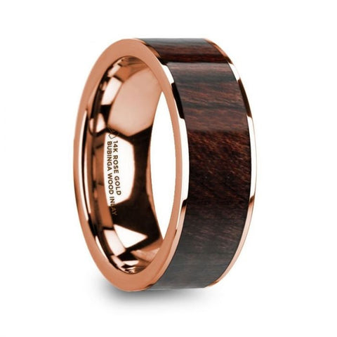 SOTERIOS 14K Rose Gold Men's Flat Wedding Ring with Bubinga Wood Inlay - 8mm, Wedding & Promise Rings.