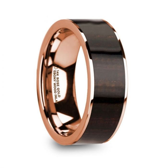 SERAPHIM Men's Polished 14k Rose Gold with Ebony Wood Inlay Wedding Ring - 8mm, Wedding & Promise Rings.