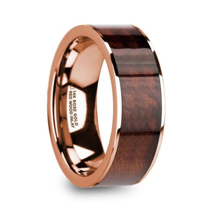 ROUVIN Polished 14k Rose Gold Men's Wedding Band with Red Wood Inlay - 8mm, Wedding & Promise Rings.