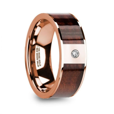 PETROS Red Wood Inlaid Polished 14k Rose Gold Men's Wedding Ring with Diamond Center - 8mm, Wedding & Promise Rings.