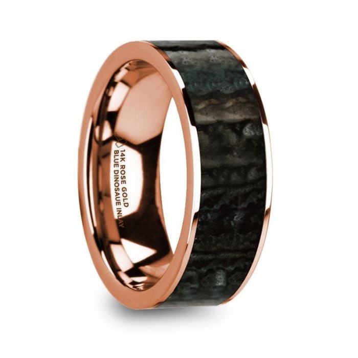 MORIS Polished 14k Rose Gold Men's Flat Wedding Band with Blue Dinosaur Bone Inlay - 8mm, Wedding & Promise Rings.