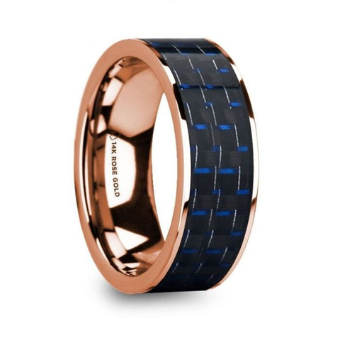 MARKOS Blue and Black Carbon Fiber Inlaid Polished 14k Rose Gold Men's Flat Wedding Ring - 8mm, Wedding & Promise Rings.