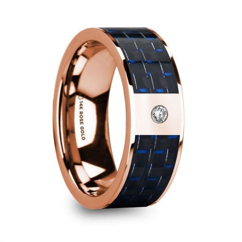 MIKHAIL Diamond Center 14k Rose Gold Men's Wedding Ring with Blue and Black Carbon Fiber Inlay - 8mm, Wedding & Promise Rings.