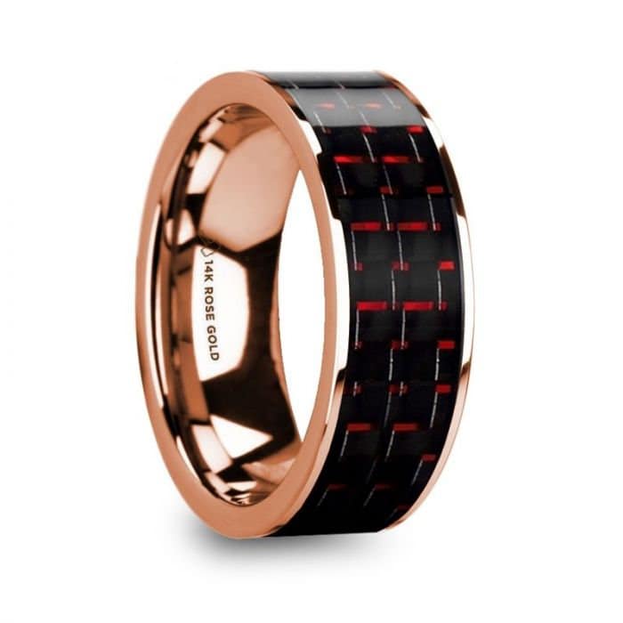 KRISTOS Men's 14k Rose Gold Flat Wedding Band with Black and Red Carbon Fiber - 8mm, Wedding & Promise Rings.