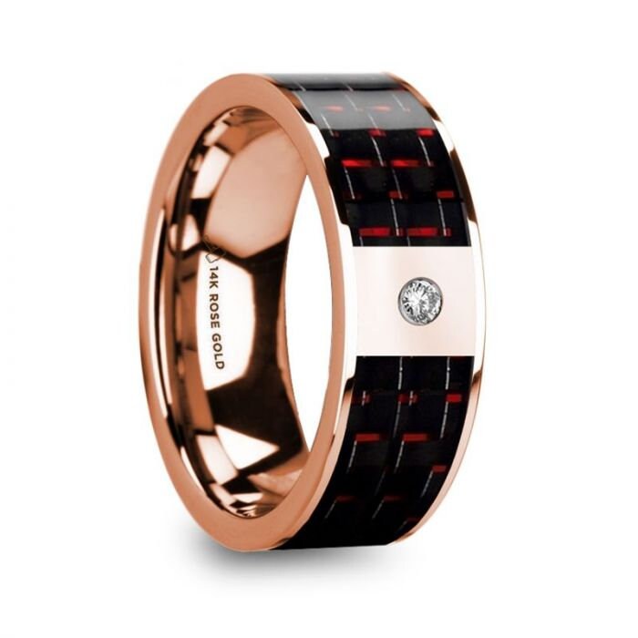 KLEMENIS Men's 14k Rose Gold Flat Wedding Ring with Red & Black Carbon Fiber Inlay and Diamond - 8mm Rings.