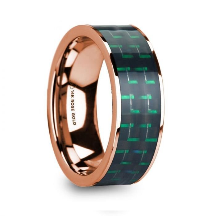 ISADORIOS Men's Polished 14k Rose Gold Flat Ring with Black & Green Carbon Fiber Inlay - 8mm Rings, Wedding, Engagement and Promise Rings