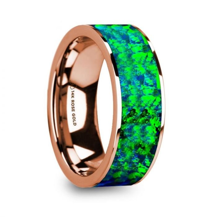 HESPEROS Men's 14K Rose Gold & Green/Blue Opal Inlaid Flat Wedding Band - 8mm, Wedding, Engagement and Promise Ring