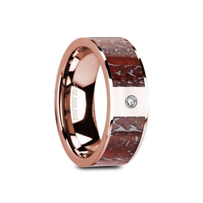 GRUEV Flat 14K Rose Gold with Red Dinosaur Bone Inlay & White Diamond Setting - 8mm, Wedding, Engagement and Promise Ring