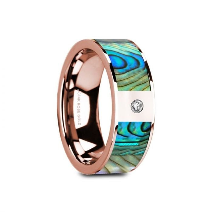 GRETAL Flat 14K Rose Gold with Mother of Pearl Inlay & White Diamond Setting - 8mm, Wedding, Engagement and Promise Ring