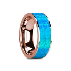 GAGE Flat 14K Rose Gold with Blue Opal Inlay and Polished Edges - 8mm, Wedding, Engagement and Promise Ring