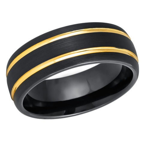 Domed Black IP with Two Yellow IP Grooves- 8mm Tungsten Tungsten Ring