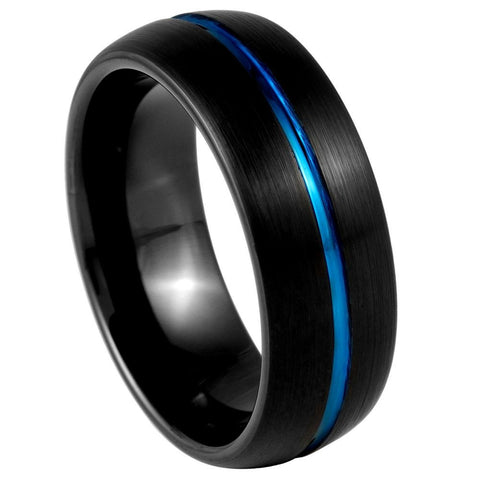 Domed Black IP Tungsten Band with Blue IP Center Groove- 8mm Tungsten Tungsten Ring