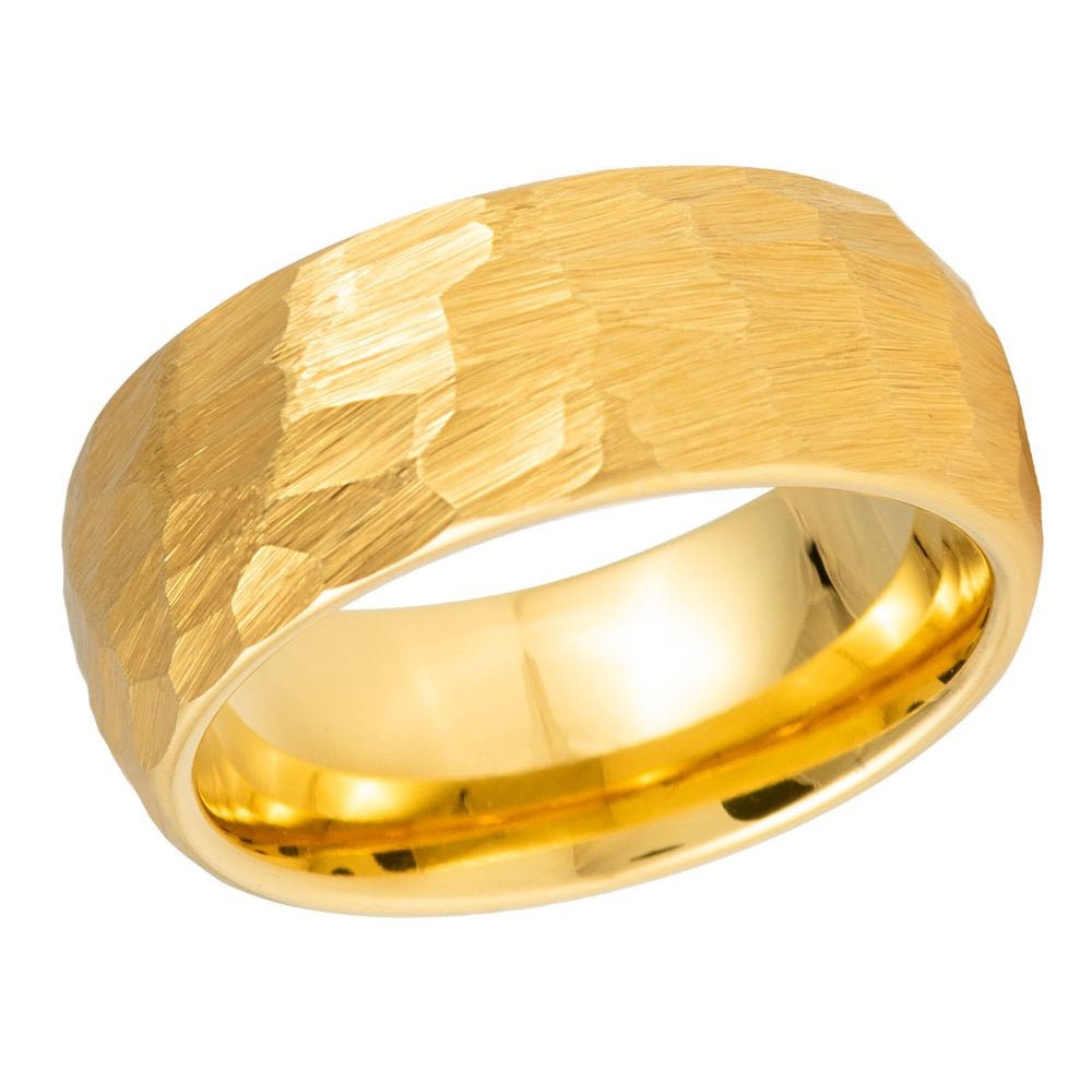 Domed Yellow  Gold IP Hammered Finish- 8mm Tungsten Tungsten Ring