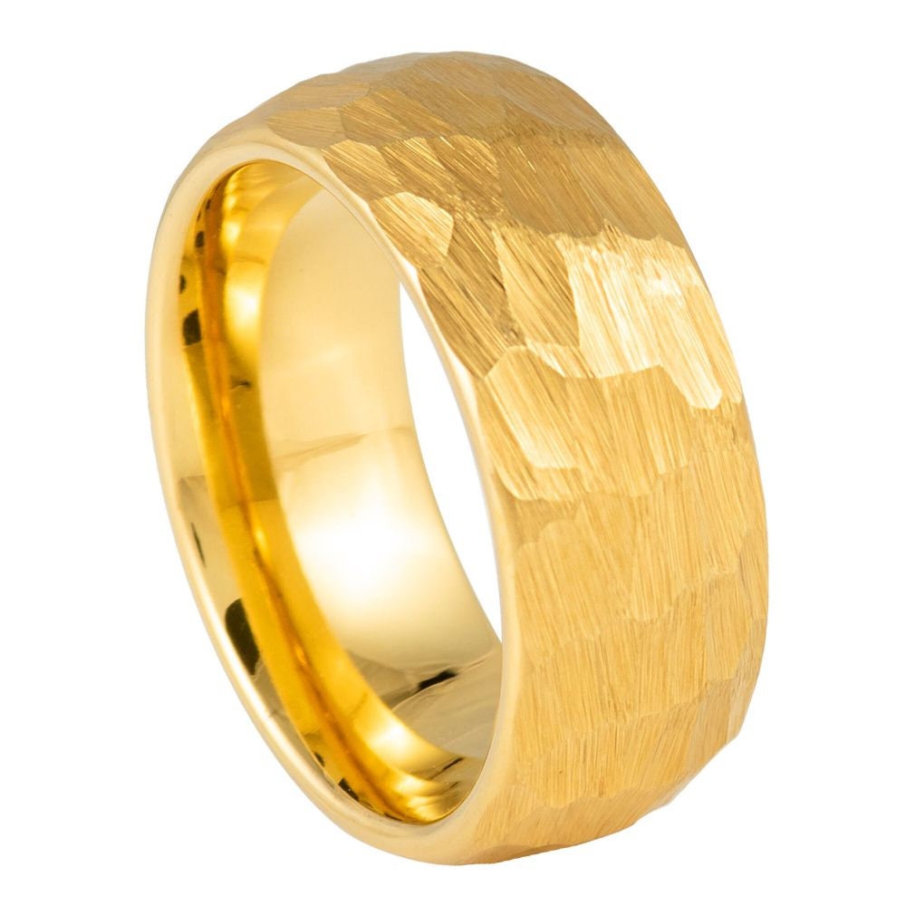 Domed Yellow  Gold IP Hammered Finish- 8mm Tungsten Tungsten Ring