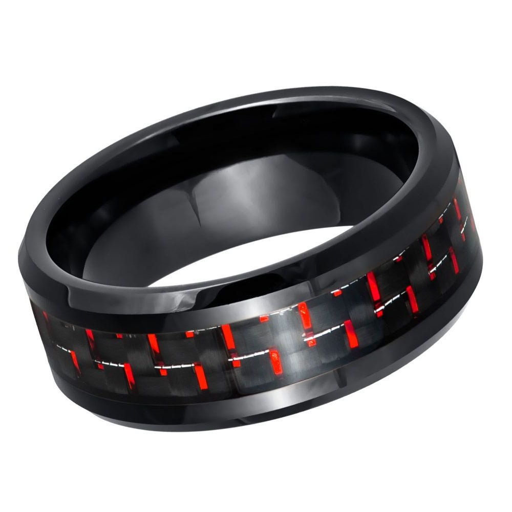 Black IP Plated with Red and Black Carbon Fiber Inlay- 8mm Tungsten Tungsten Ring