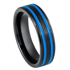 Black IP Beveled Edge with Ice Blue IP Off Center Grooves 6mm Tungsten Tungsten Ring