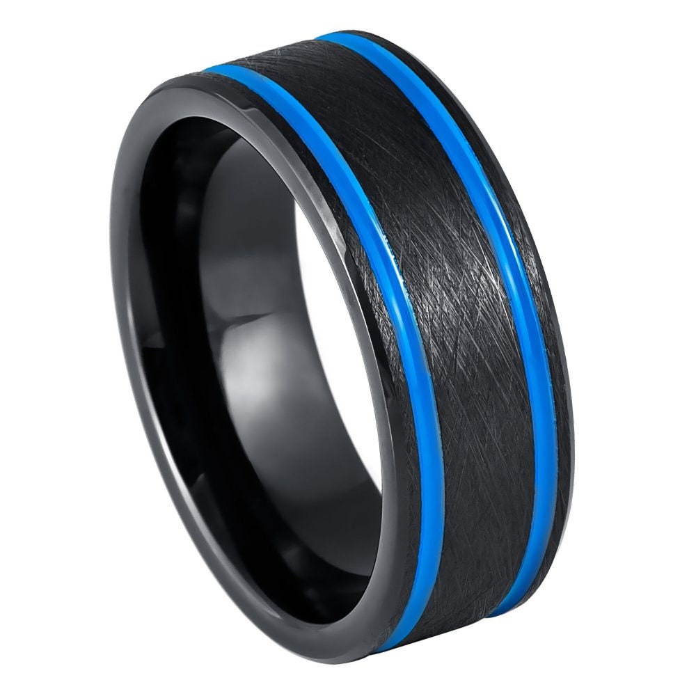 Black IP Beveled Edge with Ice Blue IP Off Center Grooves 8mm Tungsten Tungsten Ring