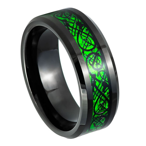 Black IP and Green Celtic Dragon Inlay- 8mm Tungsten Tungsten Ring